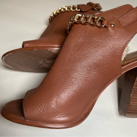 Coach Leanna Sandals Heel Size 9 Camel Brown Open Toe Sling Back Gold Chain - Picture 4 of 15